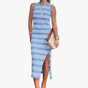 Elegant Blue Striped Sleeveless Dress